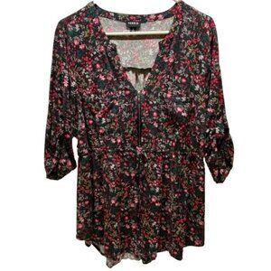 Torrid Babydoll Zip Front Top Women's 2 Black Floral 3/4 Sleeve Roll Tab Stretch